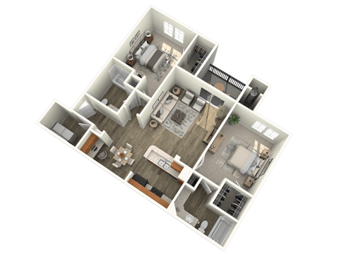 A 3D floor plan of a house with a kitchen, living room, and bedrooms.